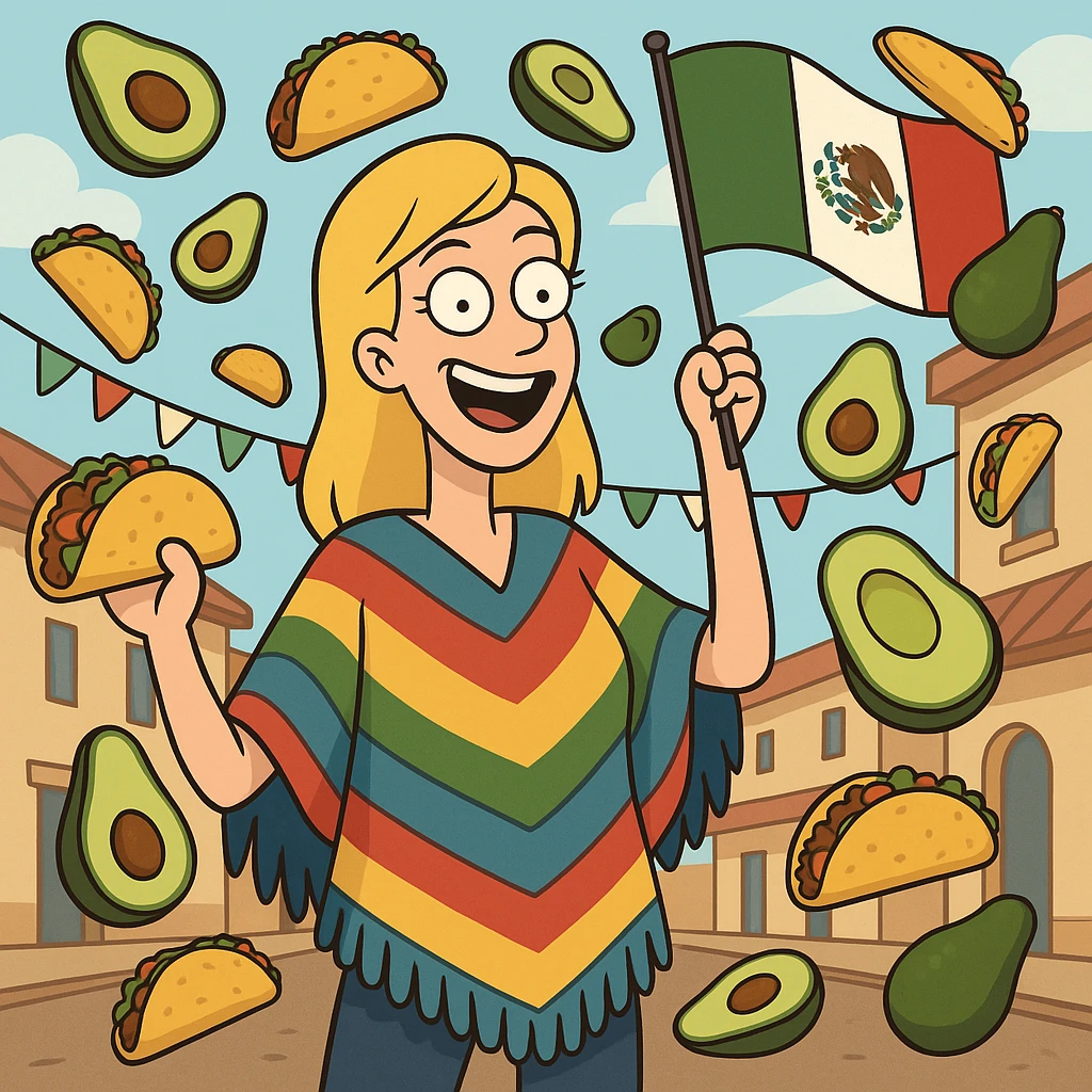 playful cartoon of a tall blonde woman wearing a colorful poncho, smiling, holding a taco and an avocado, waving a Mexico flag, surrounded by tacos and avocados, street party scene emoji