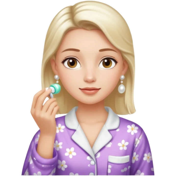 Clean girl aesthetic emoticons, apply skincare products, pearl earrings, glowing skin, pajamas, soft lighting emoji