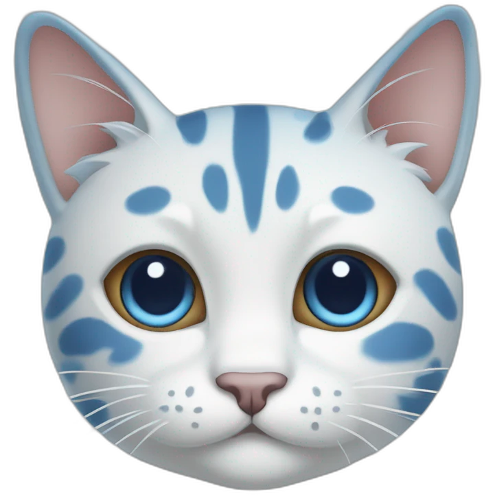 spotted blue and white cartoon cat with a blue right ear, and a spot around the right eye, and the left side is white emoji