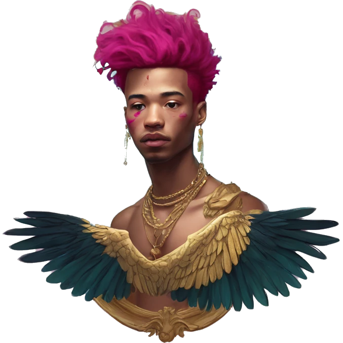 Vintage painting swirls gold jewellery baroque raven wings angel tropical Deep pink maroon burgundy cyan dark hoodie man vitiligo dyed hair gold piercings nose piercing ear piercings emoji