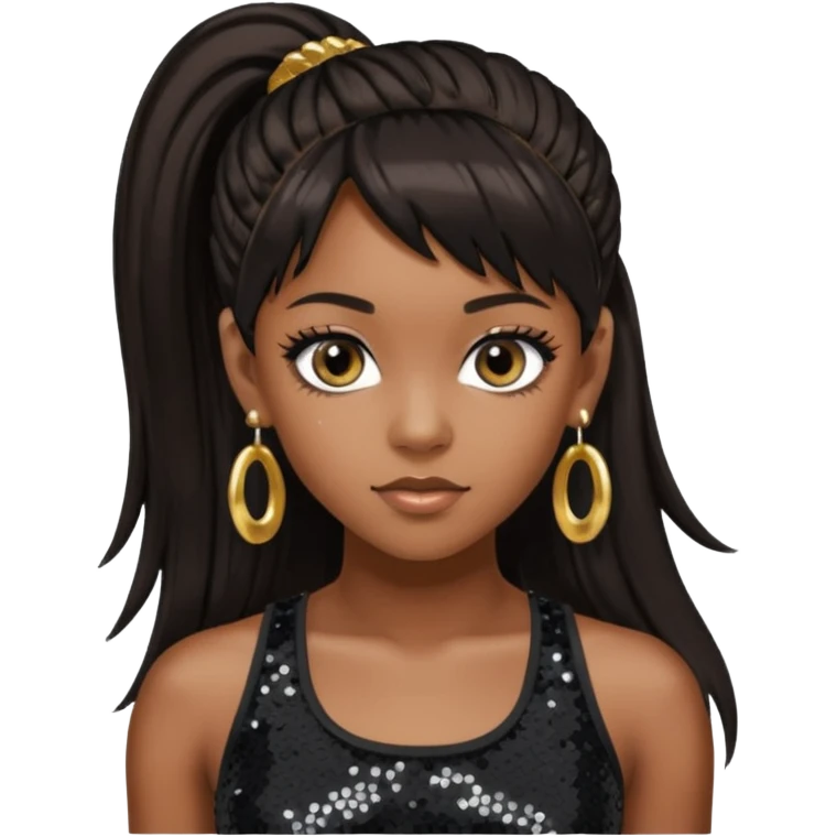 Left Eye from TLC with long dark brown ponytail hair, black sequin crop top, black earring emoji