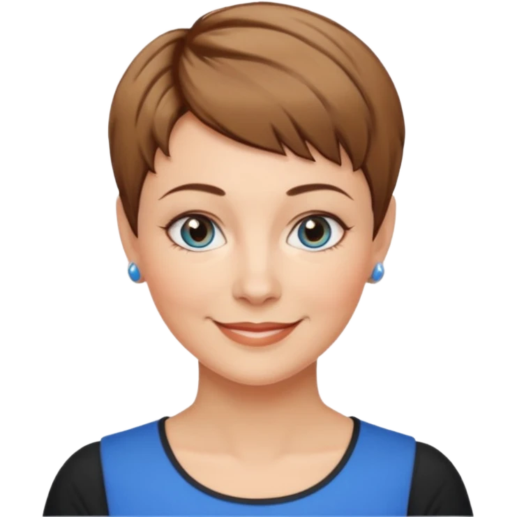 Frau, helle Haut, brauner Pixie schnitt mit dunkelblonden Spitzen, blaue Augen, mittleres alter emoji