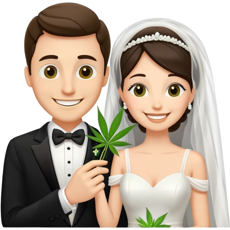 Bride in white dress and groom in tuxedo sharing a cannabis joint, cheerful cartoon wedding couple emoji