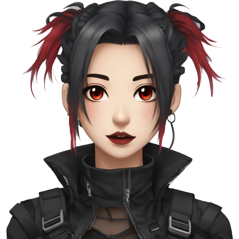 Gorgeous techwear anime style lady with blushing face aesthetic and pretty edgy black red punk messy hair with collar and harness trending style emoji