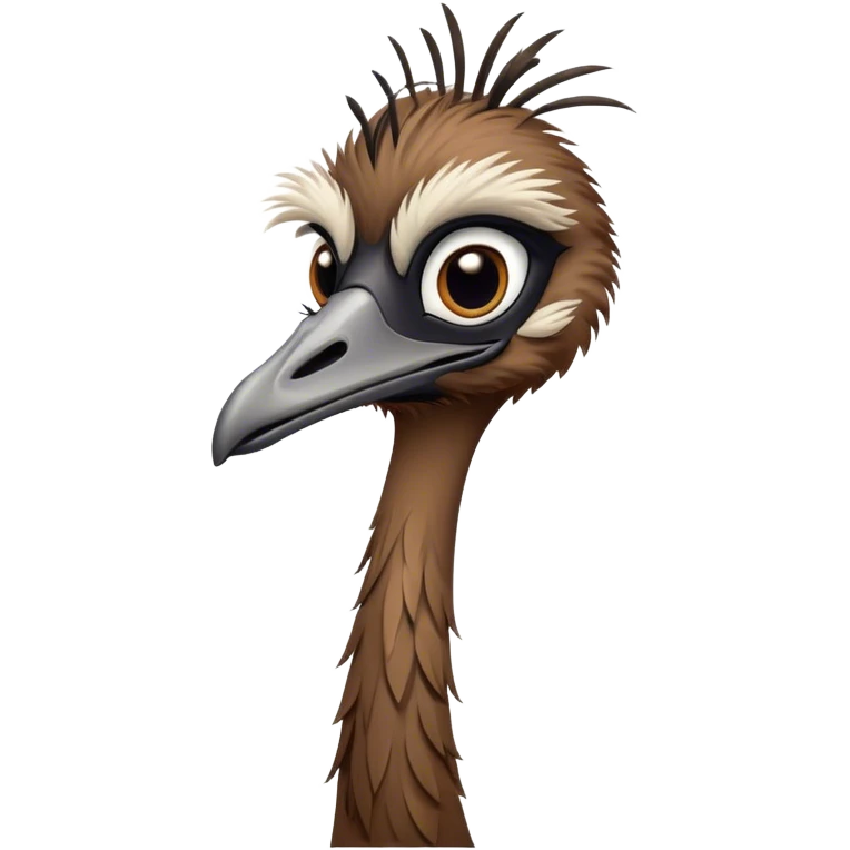 Cinematic Noble Emu Portrait Emoji, Poised and regal, with a tall, slender build and a shaggy, well-groomed fur of earthy brown feathers, a long elegant neck and deep-set soulful eyes, Simplified yet sharp and sophisticated features, highly detailed, glowing with a soft, dignified glow, high shine, intelligent and stately, stylized with an air of outback majesty, focused and attentive, soft glowing outline, capturing the essence of a watchful and confident bird, so majestic it feels as though it could stride out of the screen with effortless authority! emoji