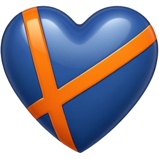 Glossy dark blue heart with straight orange athletic stripes going down one side emoji