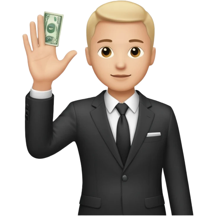 The businessman extends his hand to the side and give money emoji