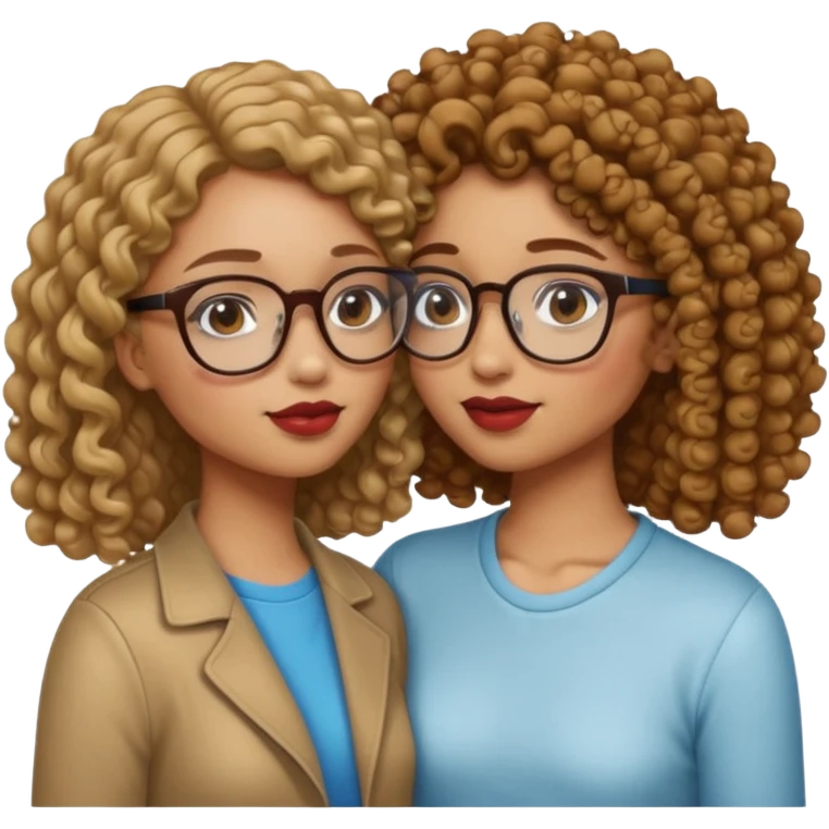 a light skin with straight hair and glasses and a light brown skin girl with curly hair kissing eschother emoji