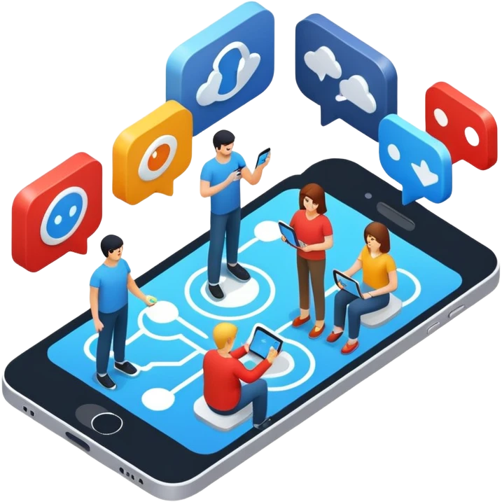 isometric, image of multi-channel experience with Teams, Mobile, Chat, Portal emoji