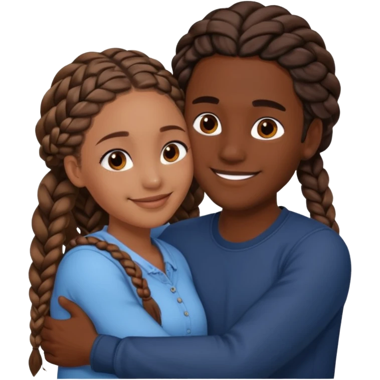 dark skin girlfriend with braids hugs brown skin boyfriend with long hair  emoji