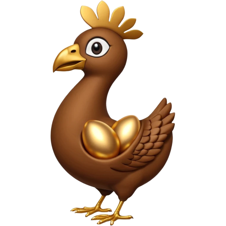 A 3D cartoon Sankofa bird with its head gracefully turned backward holding a golden egg in its beak, symbolizing learning from the past, single bird in frame, gold and brown tones, clean black background, Memoji-style rendering emoji