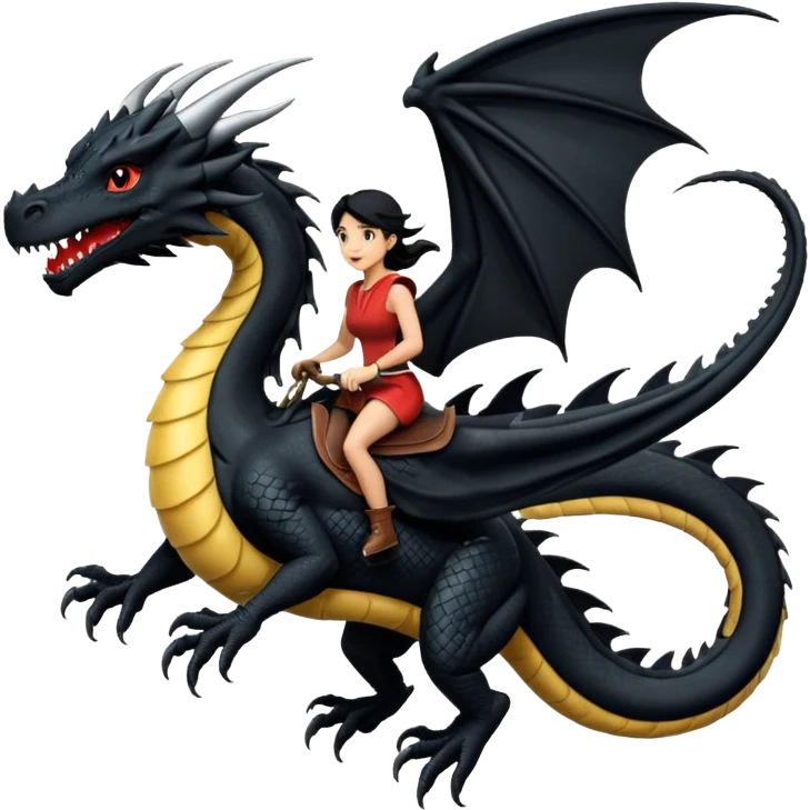 Super large black dragon flying with a  female rider on top of it emoji
