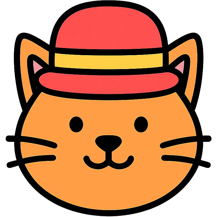 icon of a cat in a hat, color outlined style, clean lines emoji