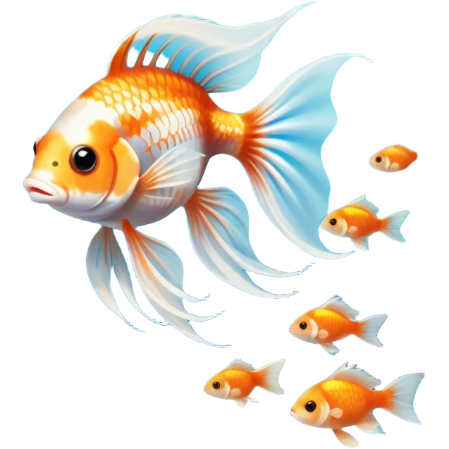 Large aquarium fish like veil tails and lionhead goldfish swimming gracefully in a beautifully decorated aquarium. Colorful aquatic plants, smooth rocks, and gentle bubbles surround the fish. The water shimmers in sunlight, creating a peaceful and vibrant underwater scene. Transparent background. emoji