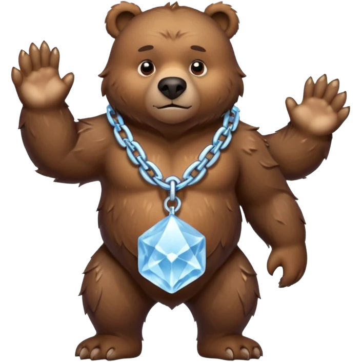 Fierce brown bear walking on four paws with an ice chain necklace, frozen chain links made of crystal clear ice, serious face emoji