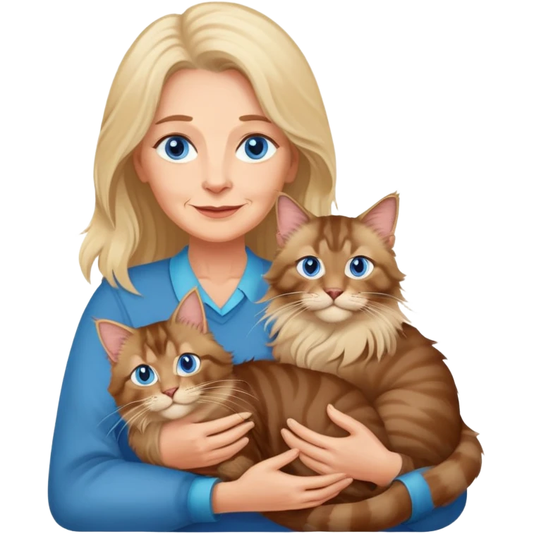 A blonde blue eyed older woman holds a brown Maine Coon cat in her arms emoji