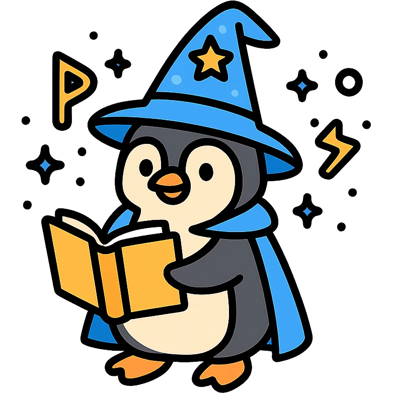 a playful penguin wizard holding an open spellbook, with magical runes floating around, vibrant modern icon style emoji