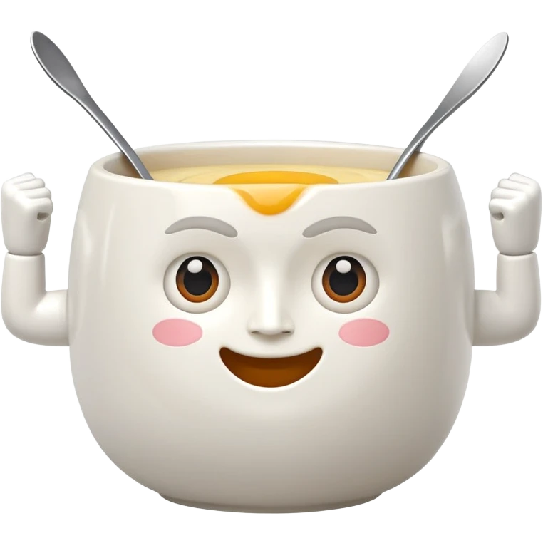 Breakfast bowl with a face on the bowl and arms and legs ready for gym emoji