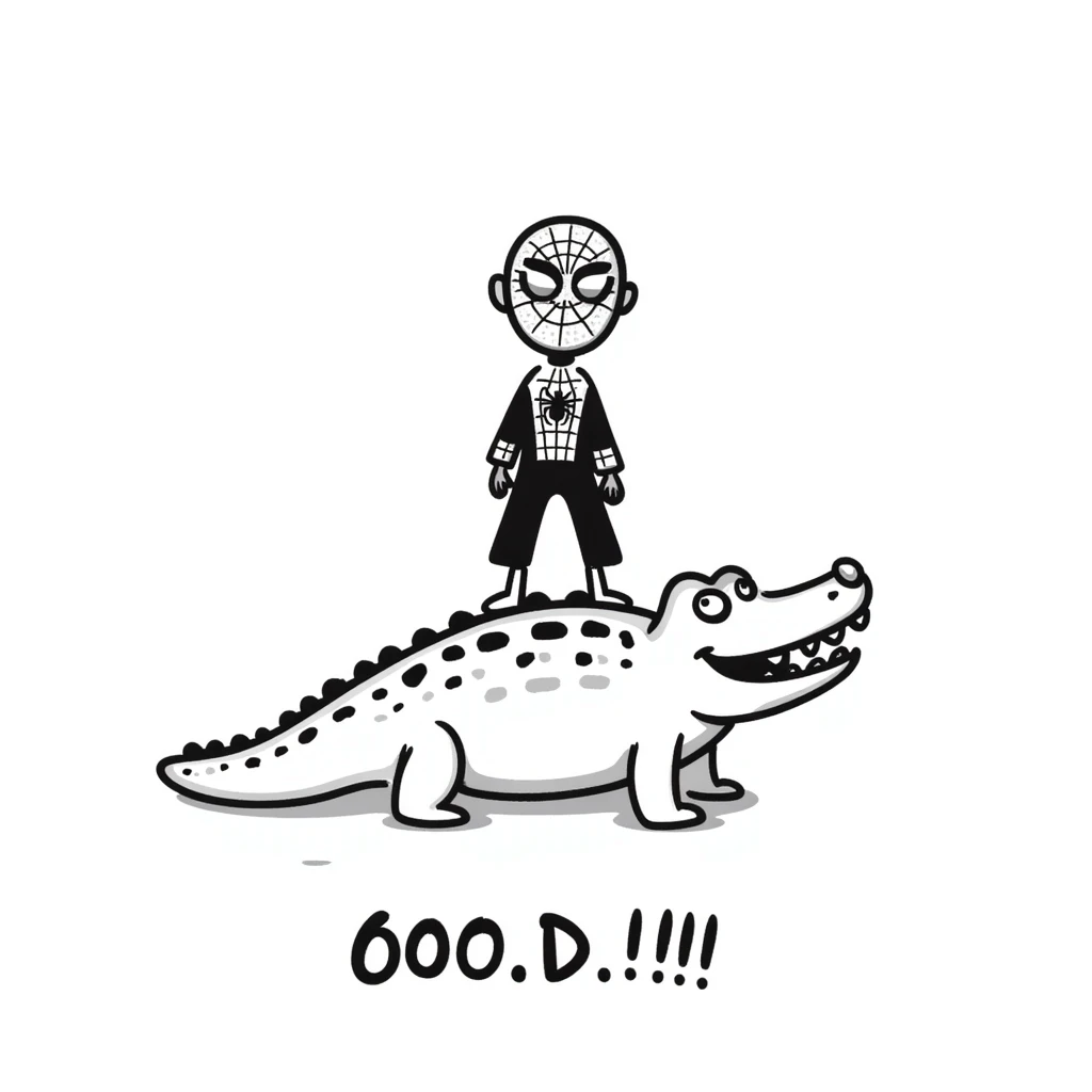 hand-drawn doodle style Spider-Man on a crocodile emoji