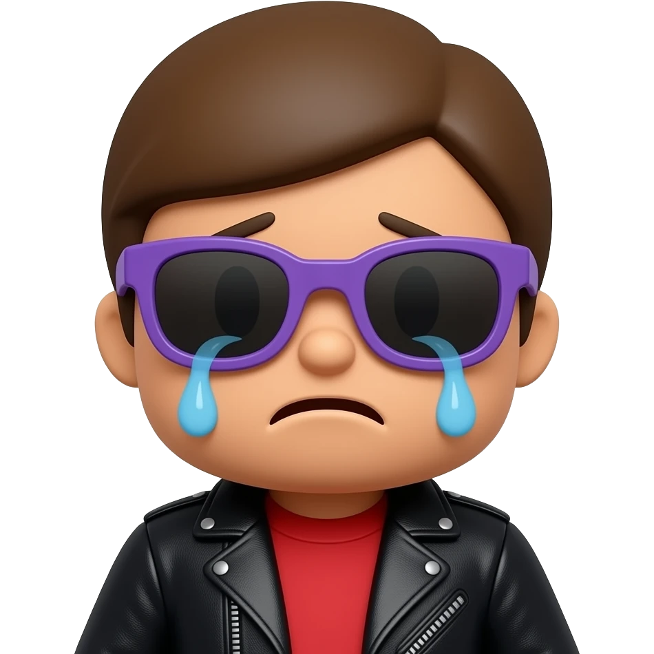 Crying Roblox POCOYO boy avatar emoji, brown hair, purple sunglasses, black leather jacket, red shirt with... emoji