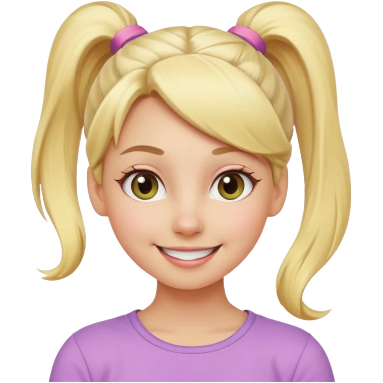 A playful blonde female cartoon character with wide, mischievous eyes, smiling, ponytail, dynamic pose suggesting movement, pastel colors, minimalistic and cute emoji style. emoji