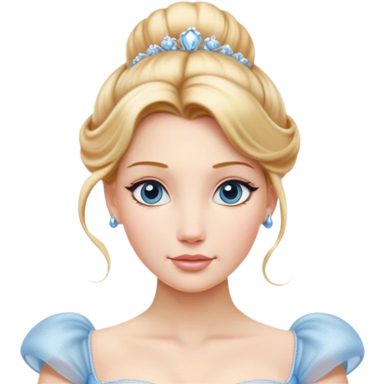 Cinematic Realistic Cinderella Portrait, depicted with lifelike skin texture, subtle rosy undertones, and soft natural lighting that enhances the gentle contours of her face. Her intricately detailed golden blonde hair is elegantly styled in an updo, with delicate wisps framing her face. Her deep, expressive blue eyes radiate warmth and sincerity, reflecting a quiet resilience and grace. She holds a glass slipper gently in one hand, her other hand resting gracefully at her side, emphasizing the timeless beauty of the moment. She is dressed in her iconic ball gown, the fabric shimmering with intricate embroidery and fine translucent layers that catch the light beautifully. The soft sheen of satin gloves adds a magical touch to her graceful pose. The portrait features an enchanting glow with a natural, luminous finish, seamlessly blending realism and fairytale charm to evoke a sense of depth, elegance, and timeless beauty. emoji