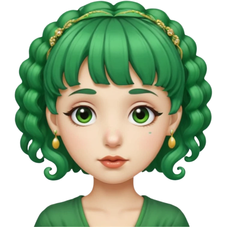 green curly  haired with hair bangs big head accessory big nose mid size ear old piercing  emoji
