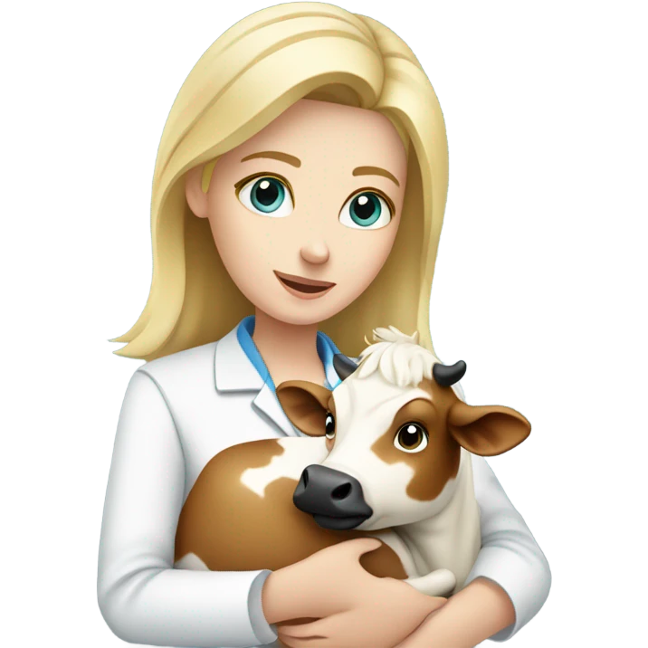 Female blonde vet with blue eyes petting small cow emoji