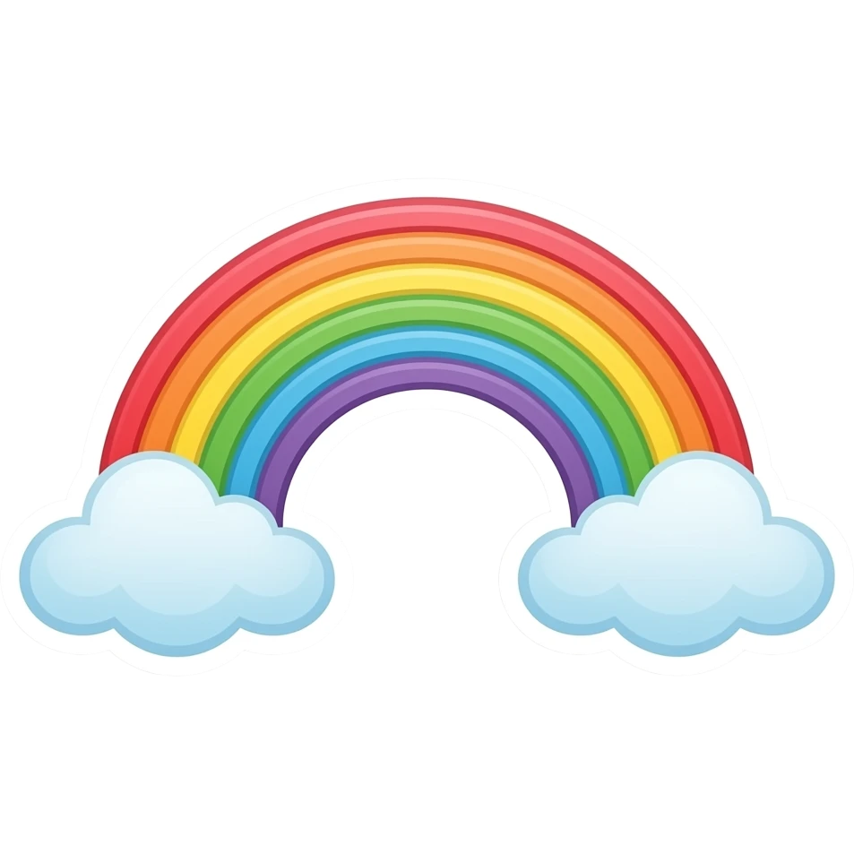 minimal 7 colours rainbow with clouds sticker, elegant thin stroke, pastel tones, clean vector design, no background, modern aesthetic, 8k emoji