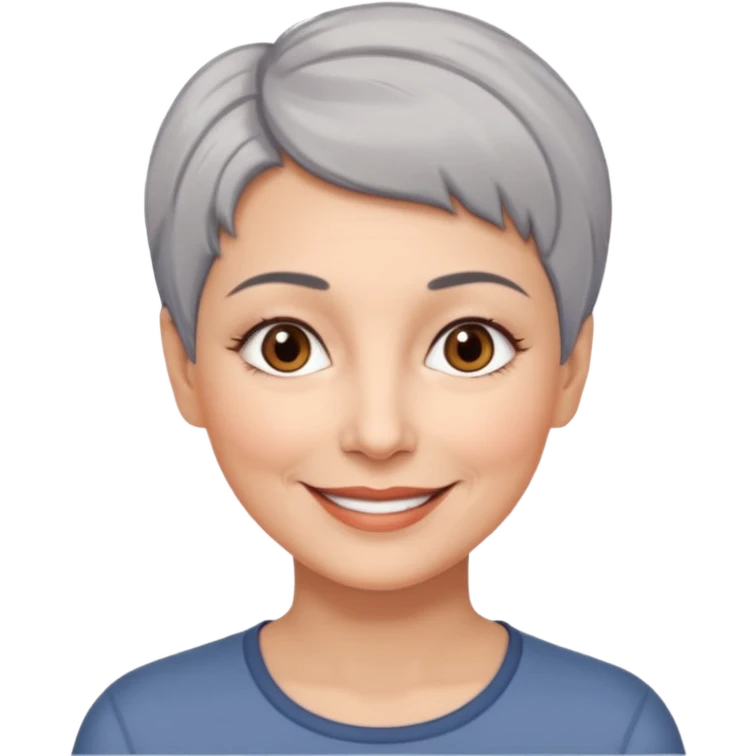 woman 50 years old, very short grey hair brown eyes smile emoji