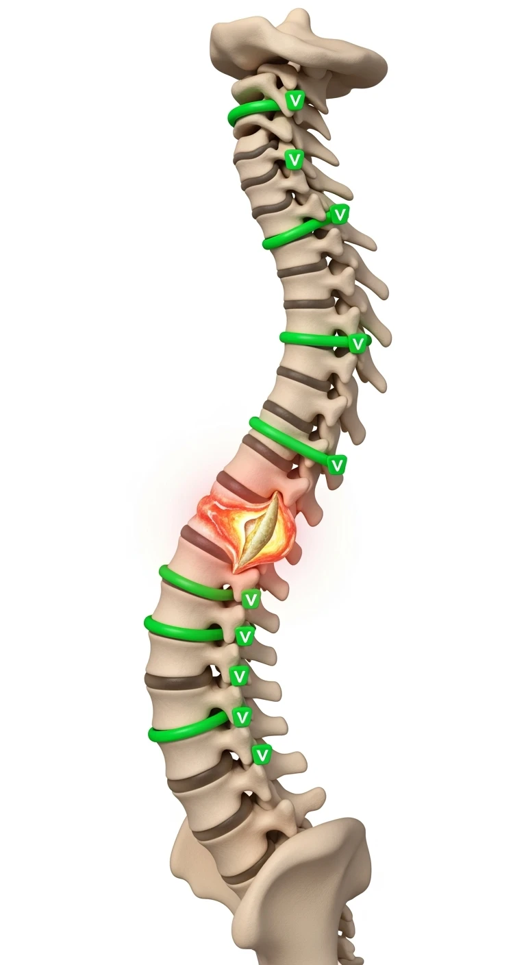 spina dorsale anatomica umana infiammata con ernia, e spunte verdi di verificato in 3d, ISOLATO SU SFONDO BIANCO emoji
