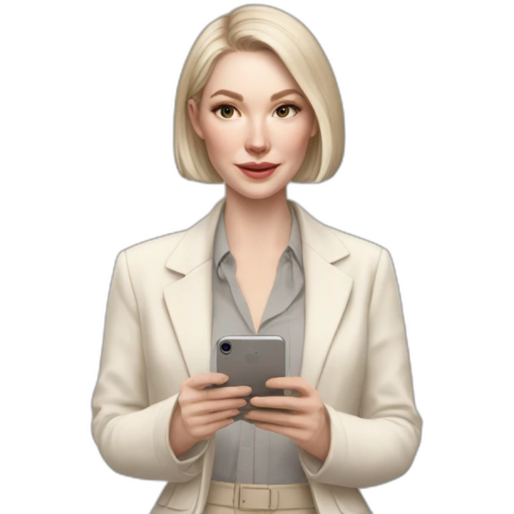 pale skin woman with ash blonde Straightened bob Hair, White Spacious classical jacket, beige palazzo Arrow pants and gray blouse holding white IPhone 15 pro in the hands emoji