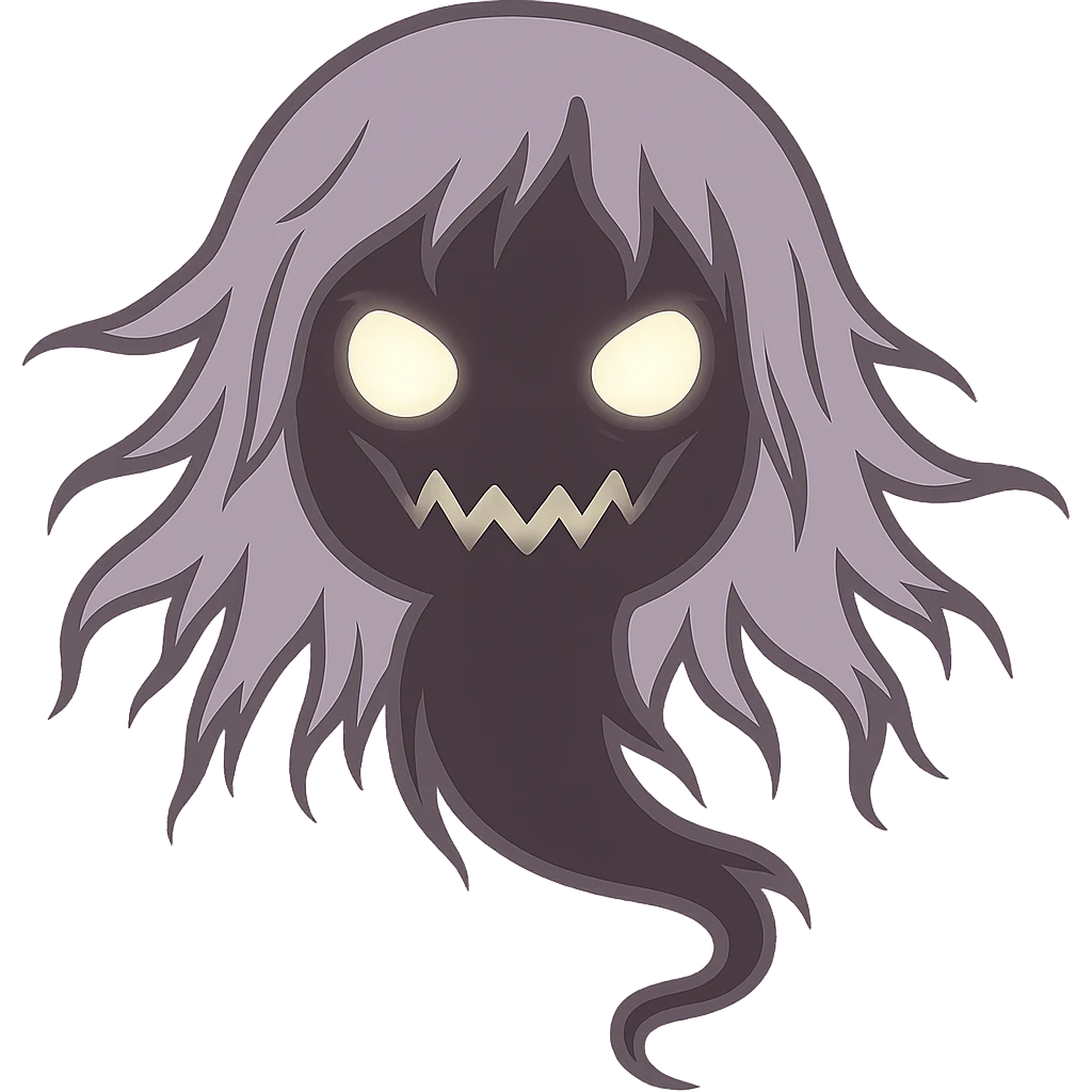Make the girl ghost scarier by adding hollow glowing eyes, a sinister expression, and wispy, tattered hair. Keep the style consistent and remove the background. emoji