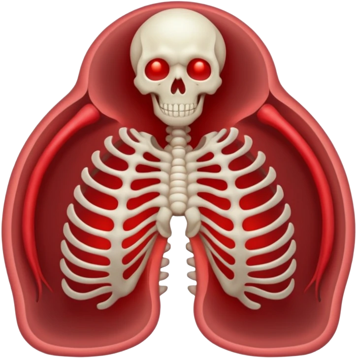 Minimalist emoji-style sticker of a ribcage x-ray with a curled-up demon inside, lines in faint white on black background, subtle red eye glow



 emoji