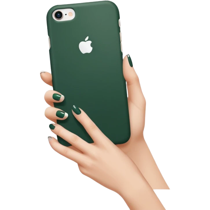 female hand with nude manicure (5 fingers) holding a white iPhone in a dark green case, minimalism, side view emoji