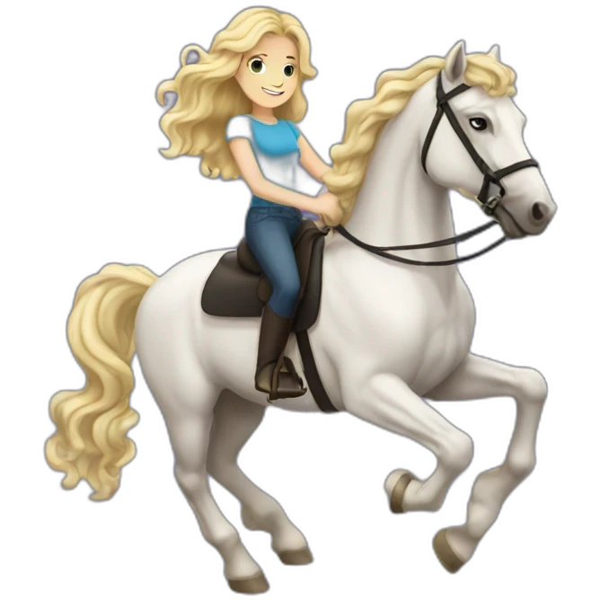 blonde girl with wavy hair riding friesian horse emoji