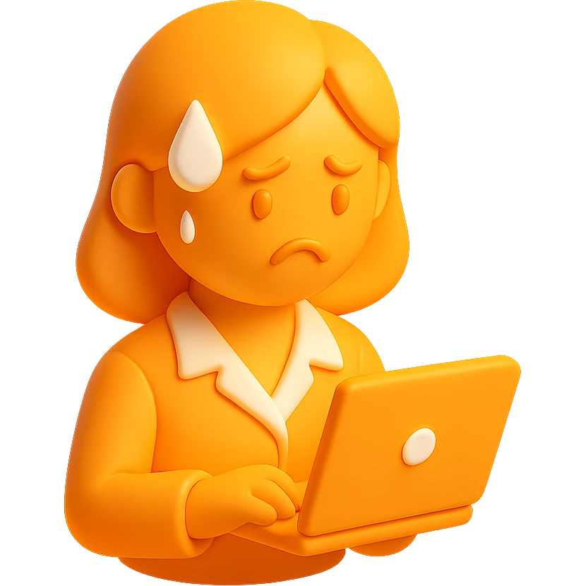 3D orange style female employee sweating and frowning, holding a laptop emoji