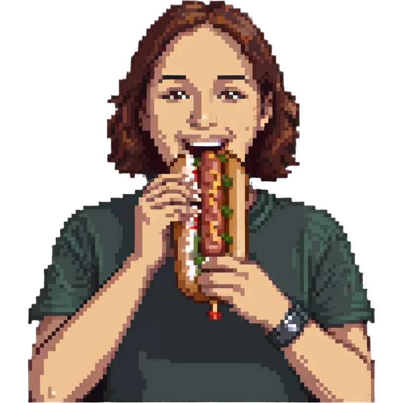 Chilean person happily eating a completo hot dog emoji