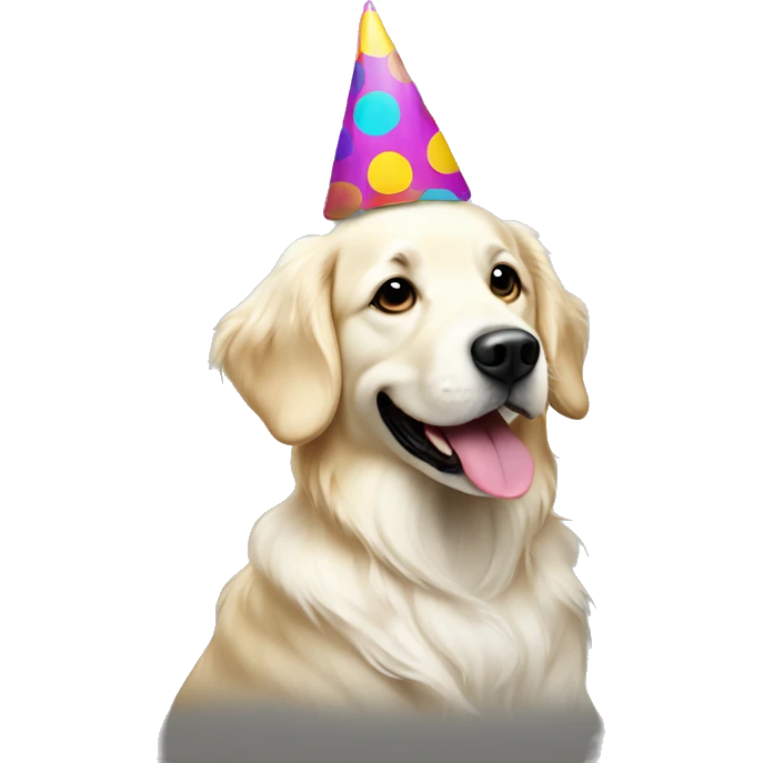 White golden retriever wearing polka dot party hat emoji