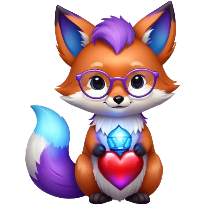 small magical fox with shimmering purple and blue fur, glowing fluffy tail, silver star on forehead, round glasses, tiny lantern, hugging a big red heart emoji