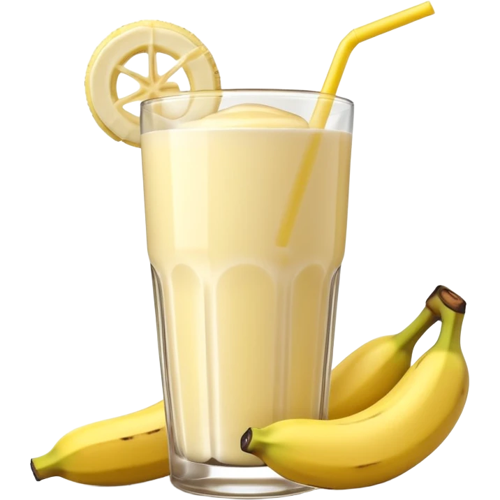 A 3D cartoon glass of banana shake, light yellow creamy texture, straw and banana slice garnish, glossy reflection, natural daylight, Memoji-style. emoji