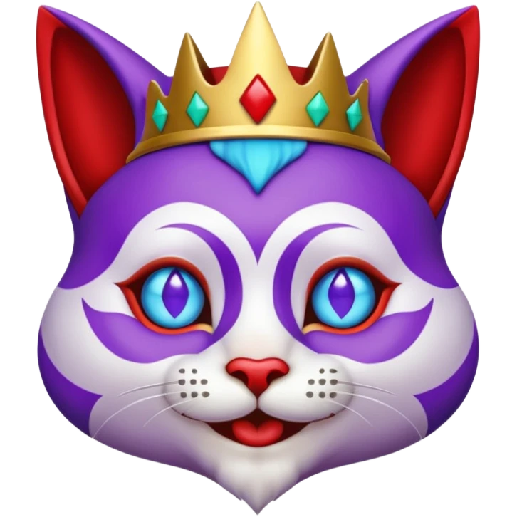crazy colorful cute little cat jolly joker from poker, medieval, vintage, court jester, mac os icon, purple, gold and red color, half body, blue ice eyes. Squared shape as 3D mac os icon, symmetrical emoji