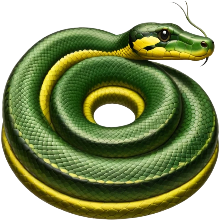 A photo-realistic top-down view of a Green Anaconda tightly coiled in a spiral, with its broad, flat head resting at the center. Its thick, muscular body is olive-green and covered in symmetrical, bold black oval spots that stand out against its smooth scales, creating striking natural camouflage. emoji