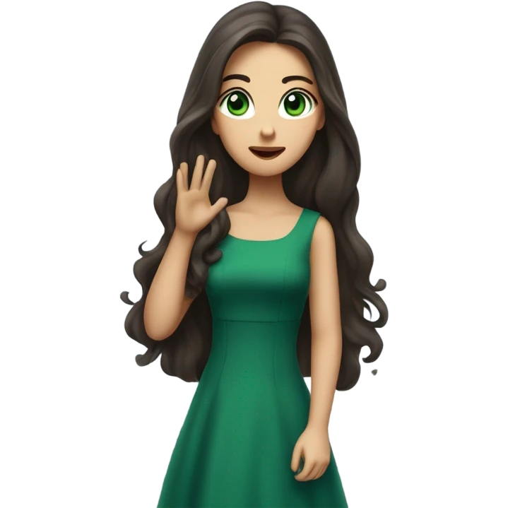a brunette with long hair and green eyes and in a dark blue dress sends an air kiss emoji