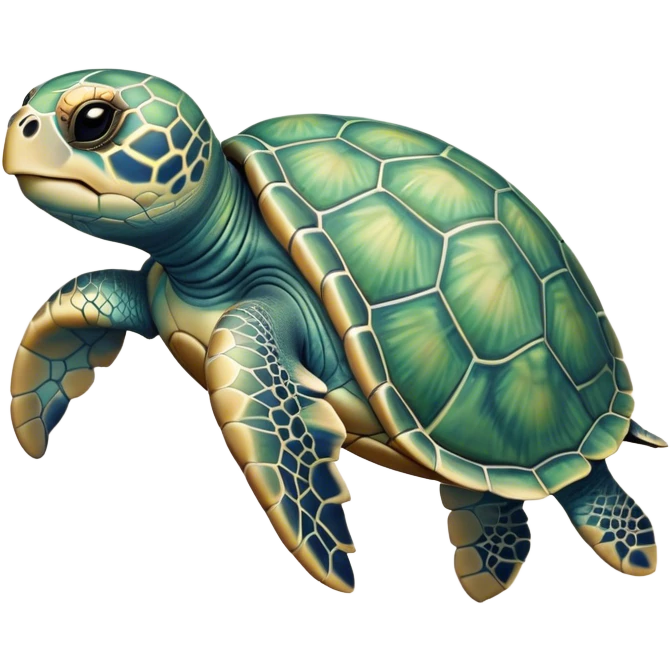 Cinematic Realistic Cute Sea Turtle Portrait Emoji, Head tilted playfully and inquisitively, featuring a compact, gentle form with a beautifully detailed shell adorned with natural patterns and a soft, expressive face with sparkling eyes, rendered with realistic textures and warm ambient light; high shine, affectionate and spirited, styled with a touch of marine whimsy, soft glowing outline, capturing the essence of a mischievous yet lovable sea turtle that seems ready to swim playfully into your arms! emoji