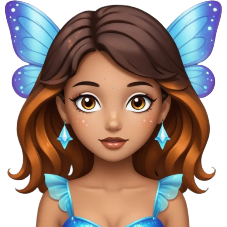 Pretty girl with caramel skin. Dark brown hair and brown eyes. She has freckles. Wearing sexy makeup. Wearing a fairy costume. wearing heels emoji