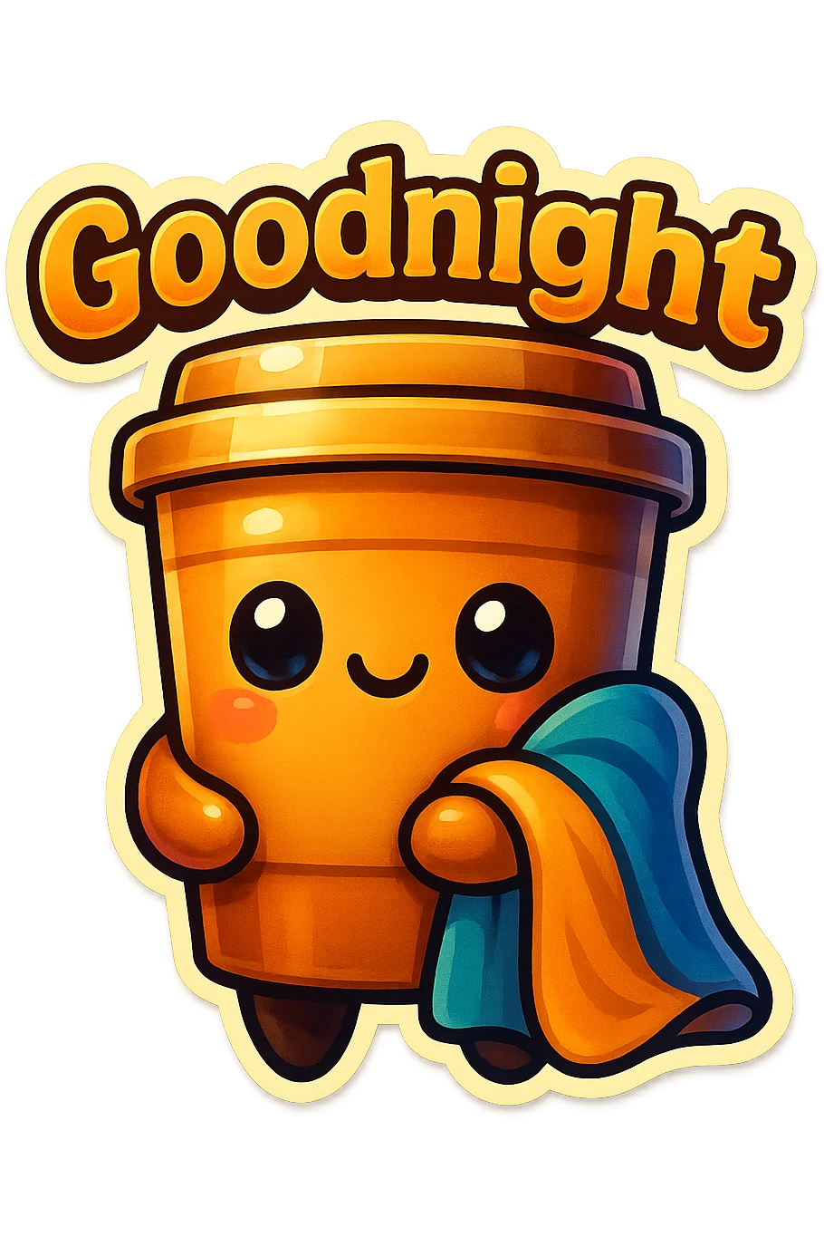 Tall coffee cup, holding a blanket, big "Goodnight" emoji