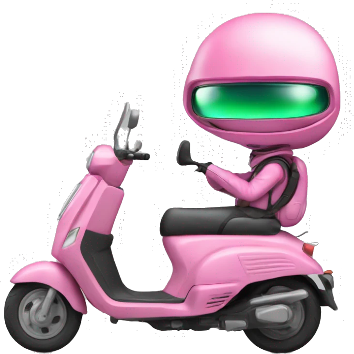 Un alien vert sur un scooter rose avec un casque rose emoji