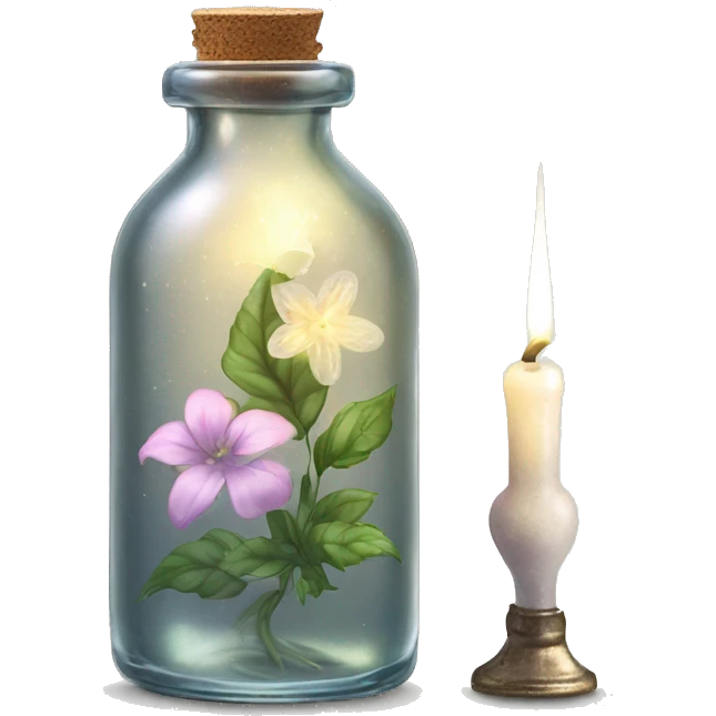 White magic fairy light sparkling old Antique bottle with poison and with herbal and flowers emoji