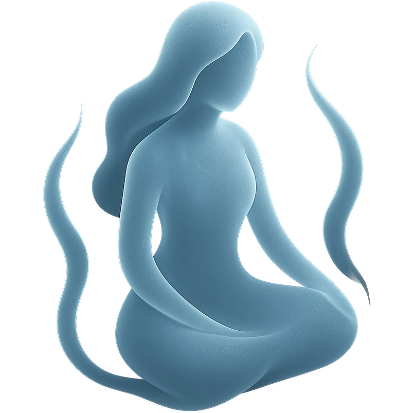 silhouette of a figure with flowing curves, radiating stillness and mystery, surrounded by shimmering energy emoji